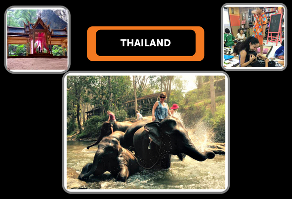 Three pictures: one depicting a Thai Temple, one with two women riding elephants and one with a classroom full of children. Text reads: Thailand